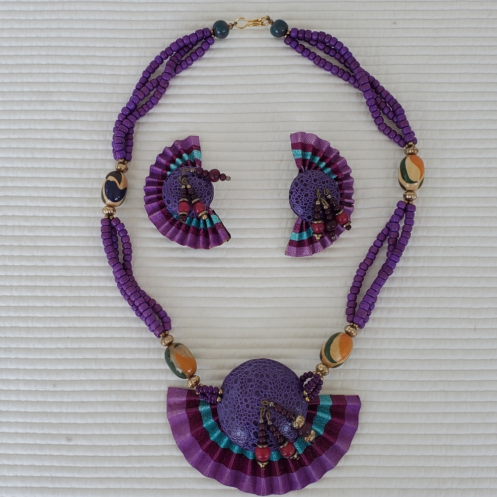 Necklace Clip Earring Set Purple Blue Vintage Beads 22" Chunky Statement 1990s